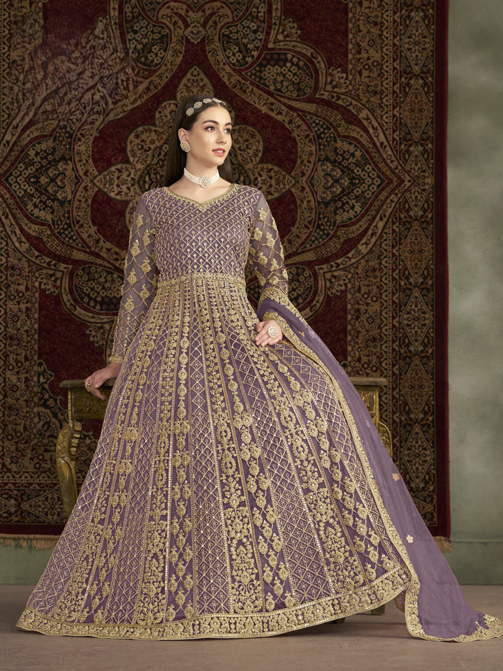 Purple Color Net Santool With Embroidery And Sequins Work Anarkali Dress