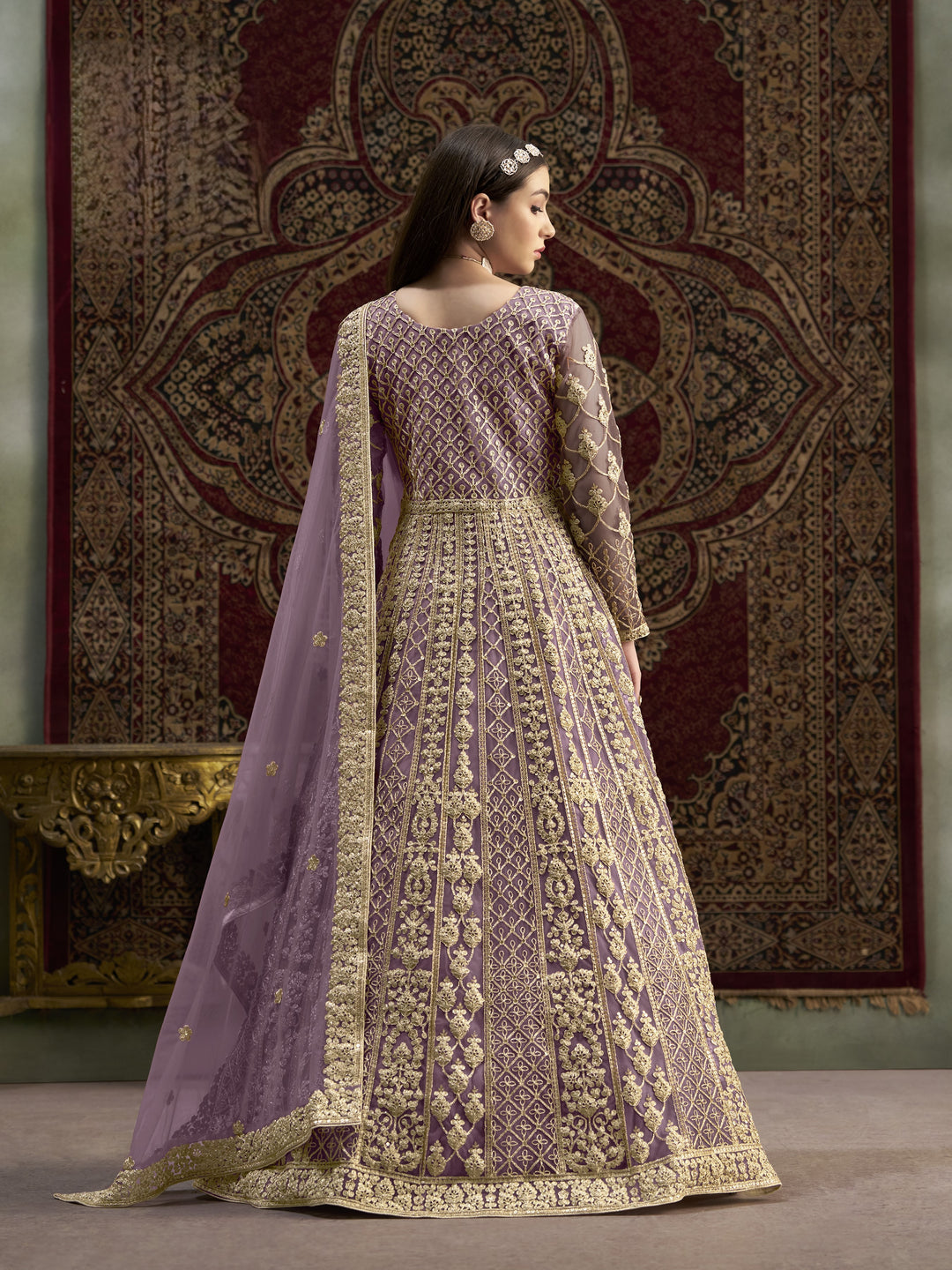 Purple Color Net Santool With Embroidery And Sequins Work Anarkali Dress