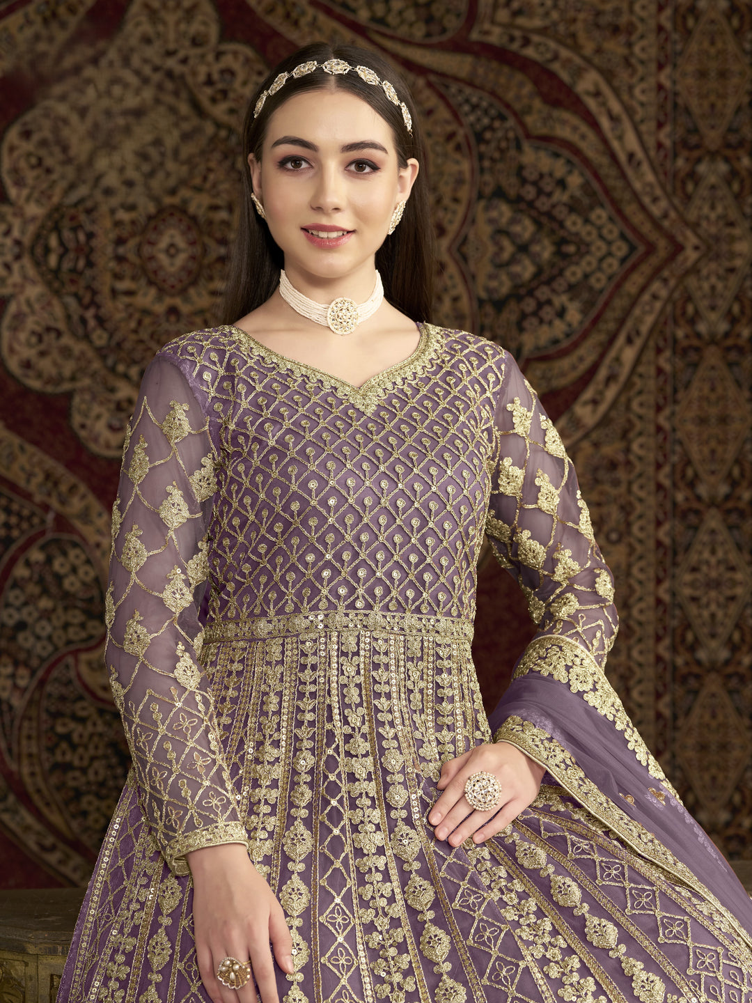Purple Color Net Santool With Embroidery And Sequins Work Anarkali Dress