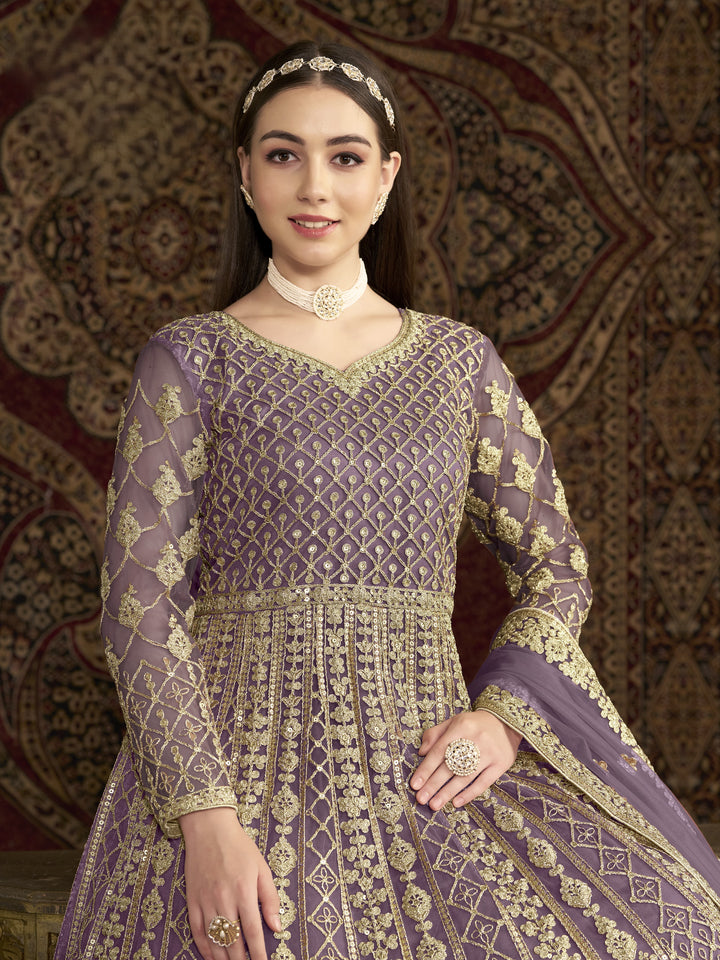 Purple Color Net Santool With Embroidery And Sequins Work Anarkali Dress
