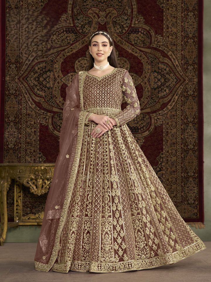 Brown Color Net Santool With Embroidery And Sequins Work Anarkali Dress