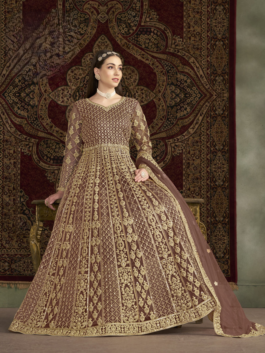 Brown Color Net Santool With Embroidery And Sequins Work Anarkali Dress