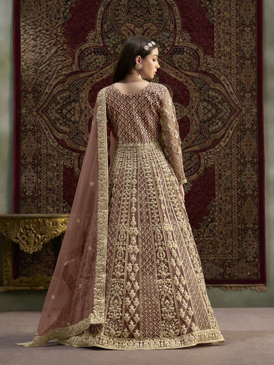 Brown Color Net Santool With Embroidery And Sequins Work Anarkali Dress