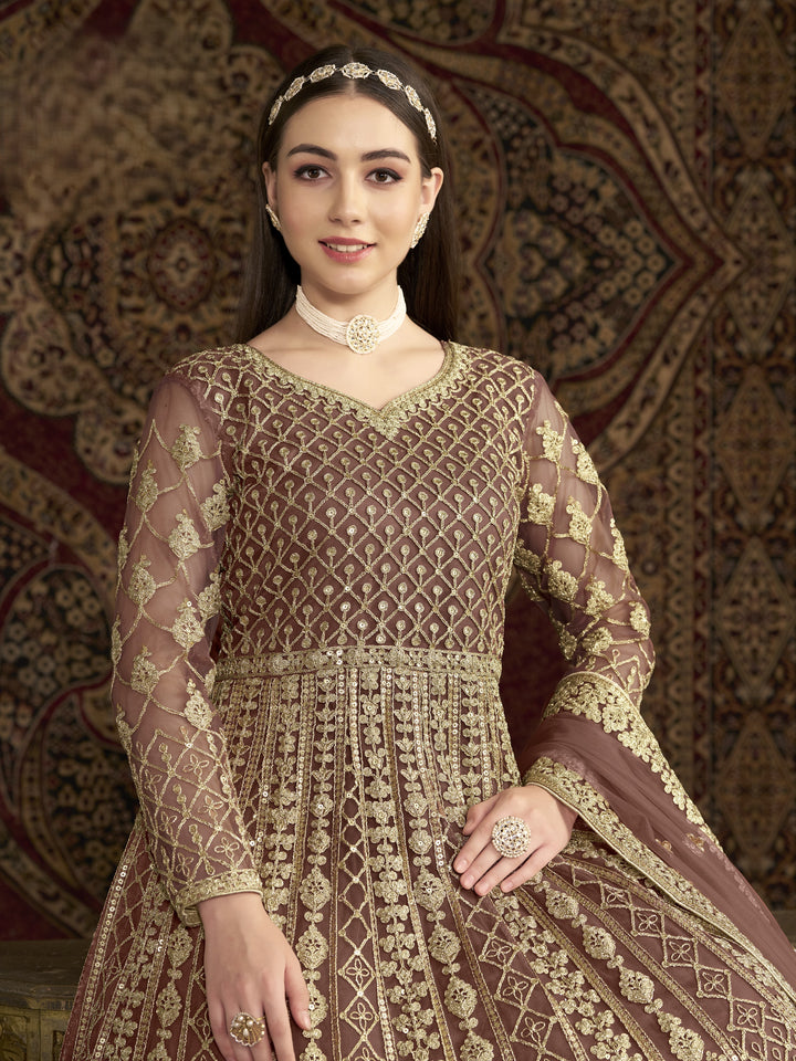 Brown Color Net Santool With Embroidery And Sequins Work Anarkali Dress