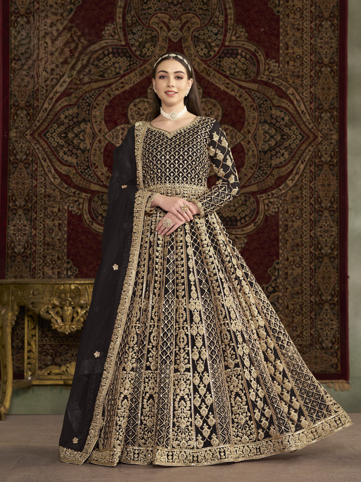 Black Color Net Santool With Embroidery And Sequins Work Anarkali Dress