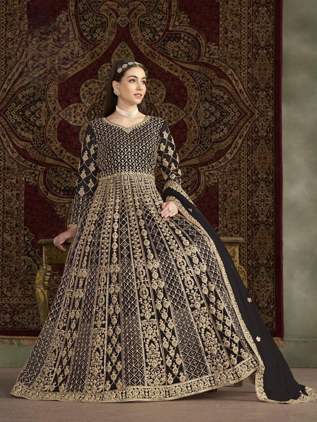 Black Color Net Santool With Embroidery And Sequins Work Anarkali Dress