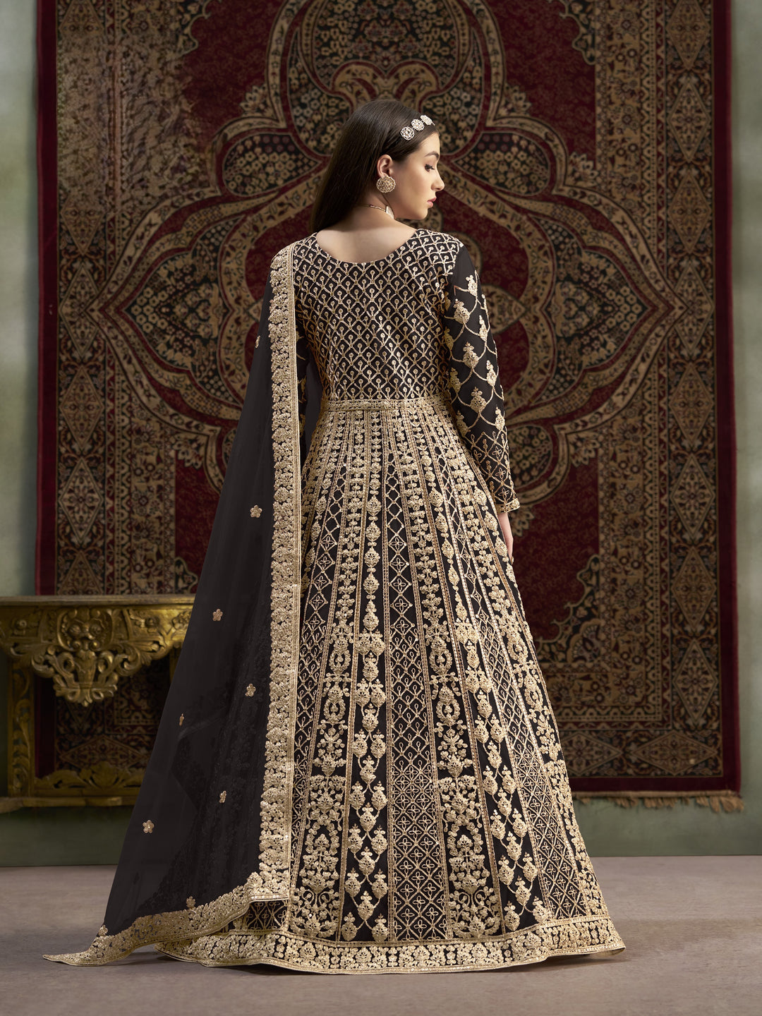 Black Color Net Santool With Embroidery And Sequins Work Anarkali Dress