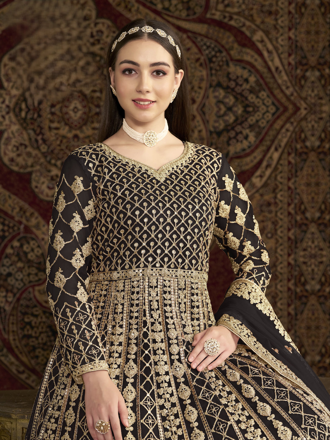 Black Color Net Santool With Embroidery And Sequins Work Anarkali Dress