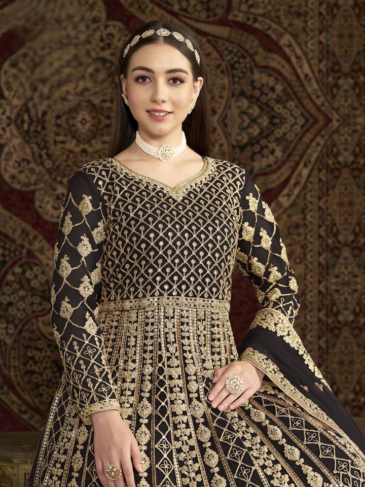 Black Color Net Santool With Embroidery And Sequins Work Anarkali Dress