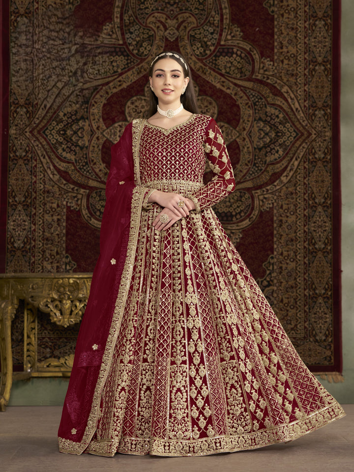 Red Color Net Santool With Embroidery And Sequins Work Anarkali Dress