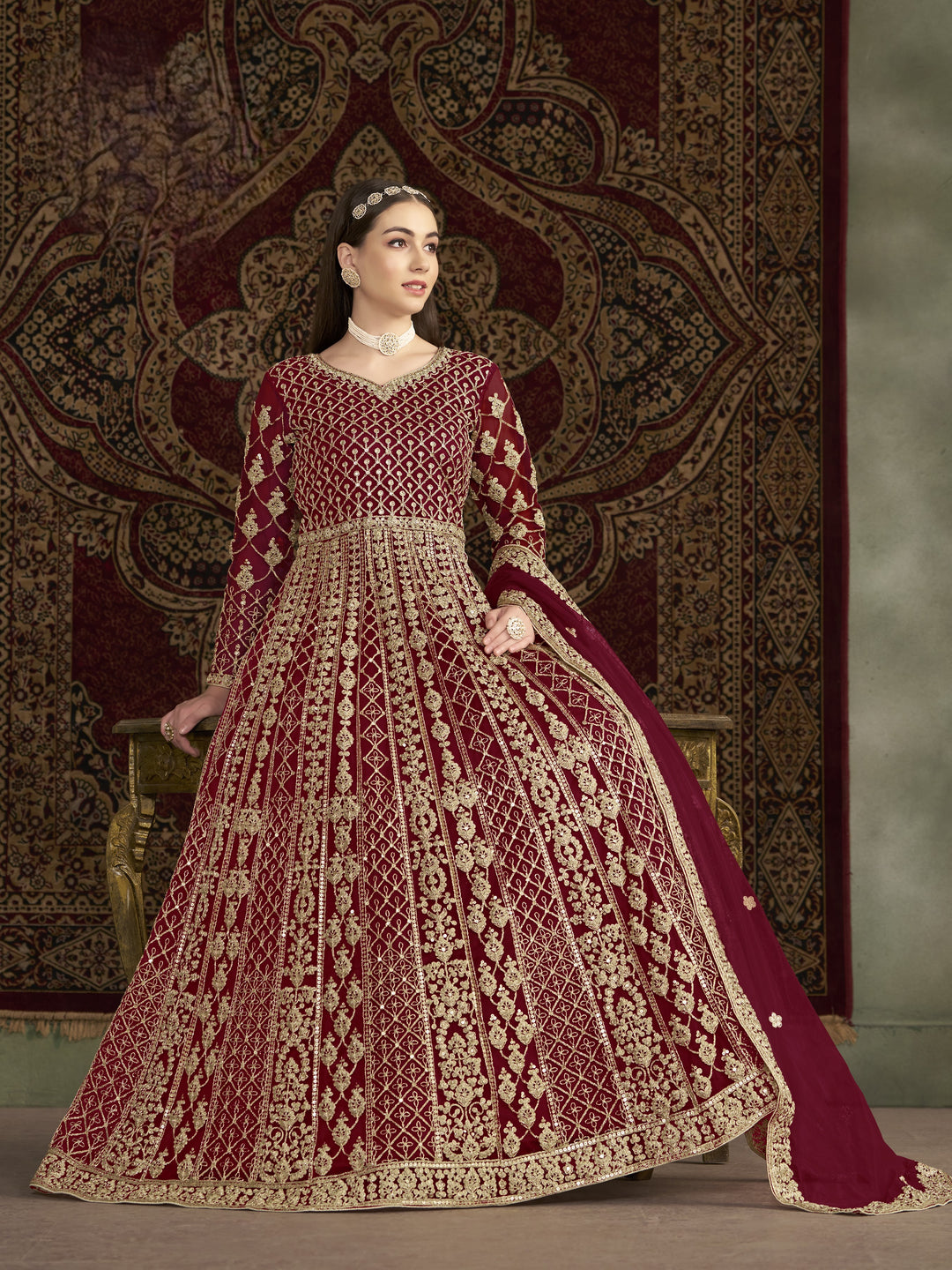 Red Color Net Santool With Embroidery And Sequins Work Anarkali Dress