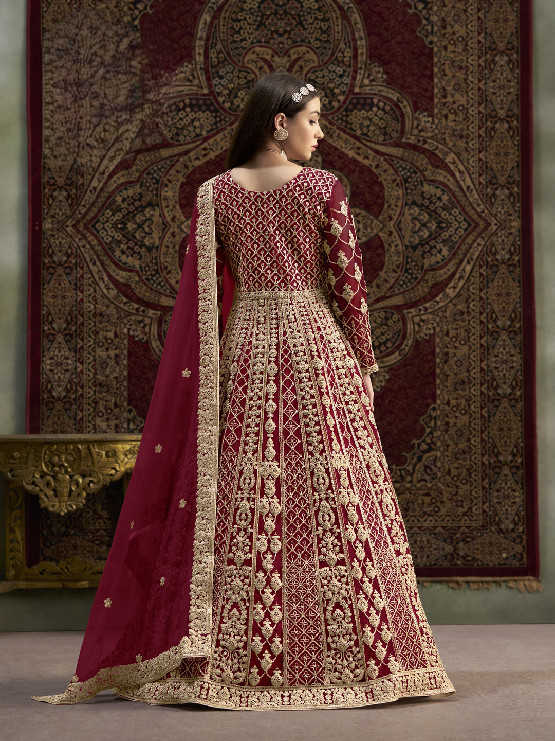 Red Color Net Santool With Embroidery And Sequins Work Anarkali Dress