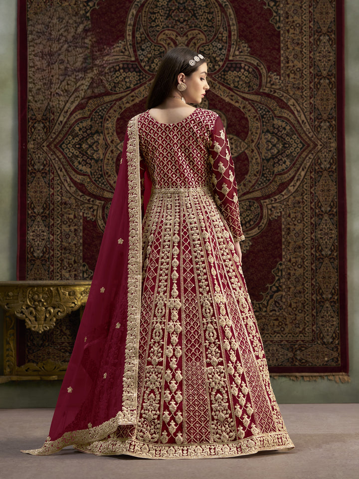 Red Color Net Santool With Embroidery And Sequins Work Anarkali Dress