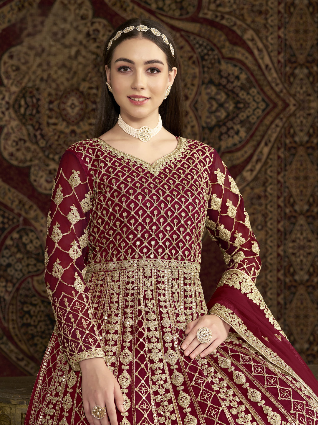 Red Color Net Santool With Embroidery And Sequins Work Anarkali Dress