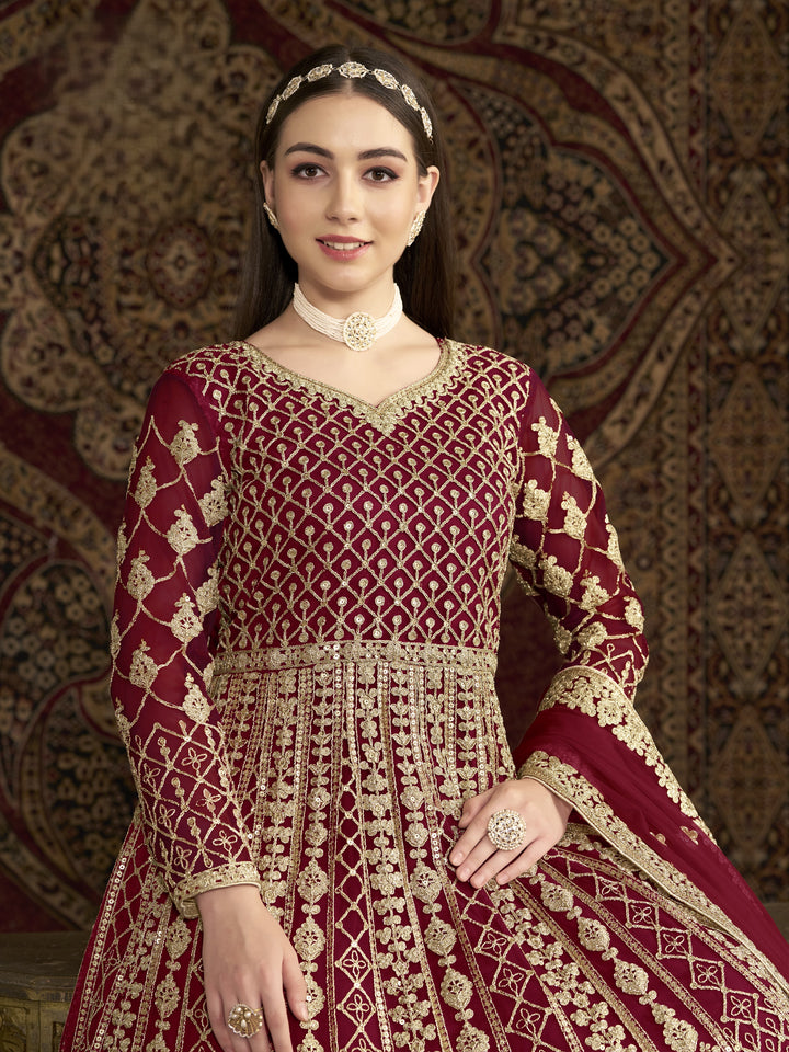 Red Color Net Santool With Embroidery And Sequins Work Anarkali Dress