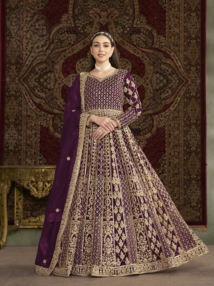 Purple Color Net Santool With Embroidery And Sequins Work Anarkali Dress