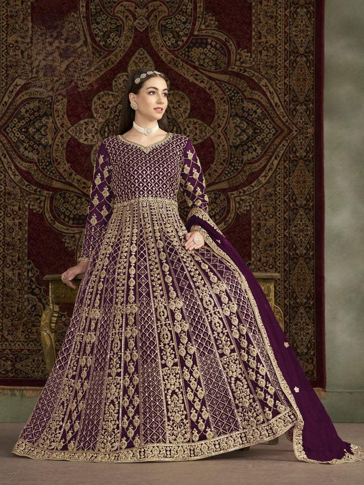 Purple Color Net Santool With Embroidery And Sequins Work Anarkali Dress