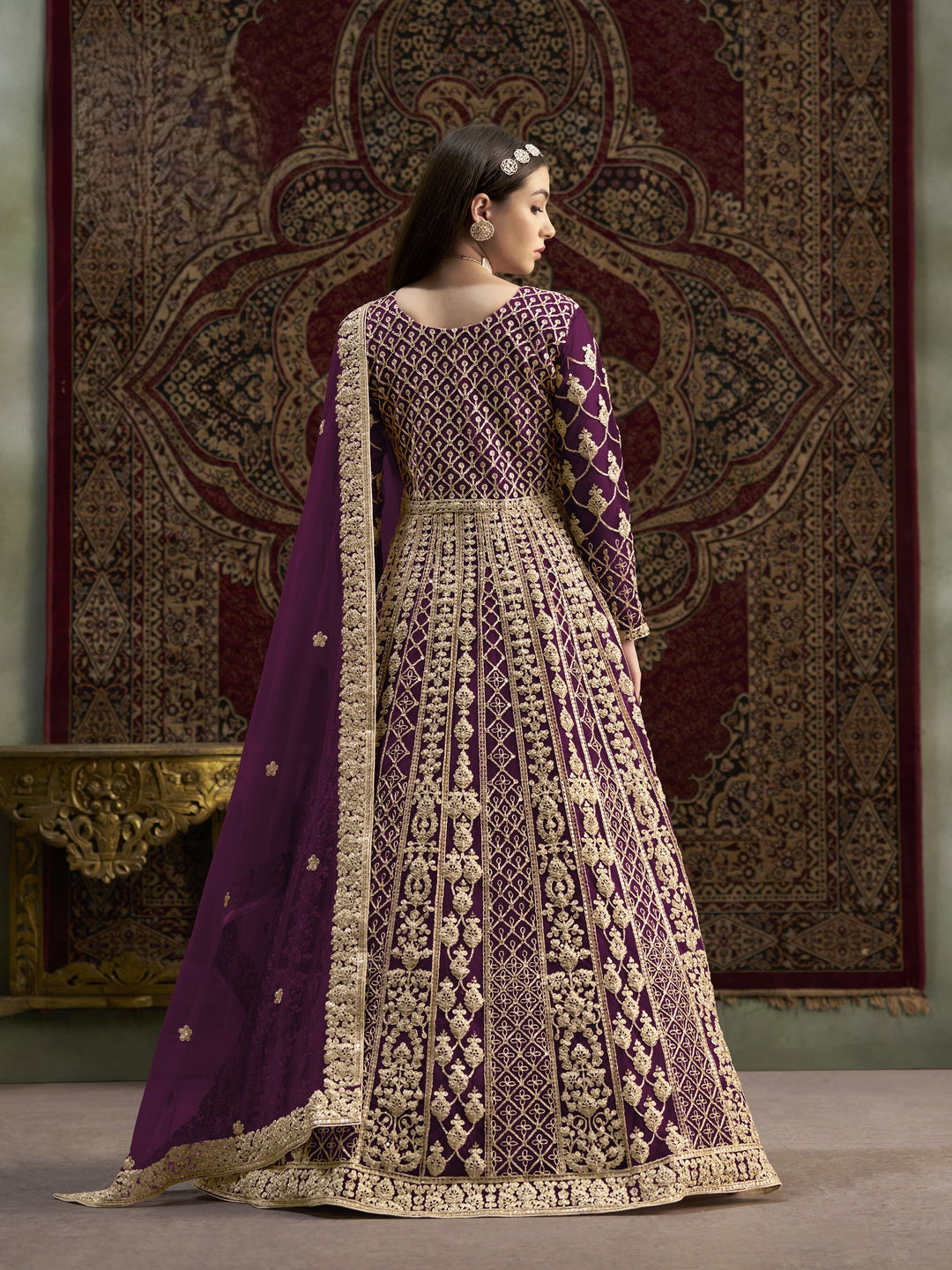 Purple Color Net Santool With Embroidery And Sequins Work Anarkali Dress
