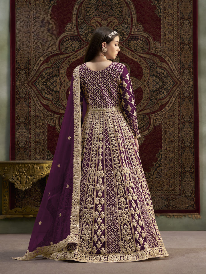 Purple Color Net Santool With Embroidery And Sequins Work Anarkali Dress