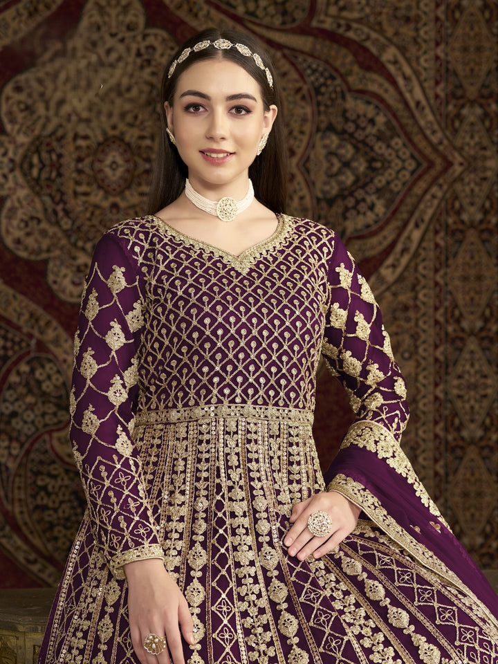 Purple Color Net Santool With Embroidery And Sequins Work Anarkali Dress