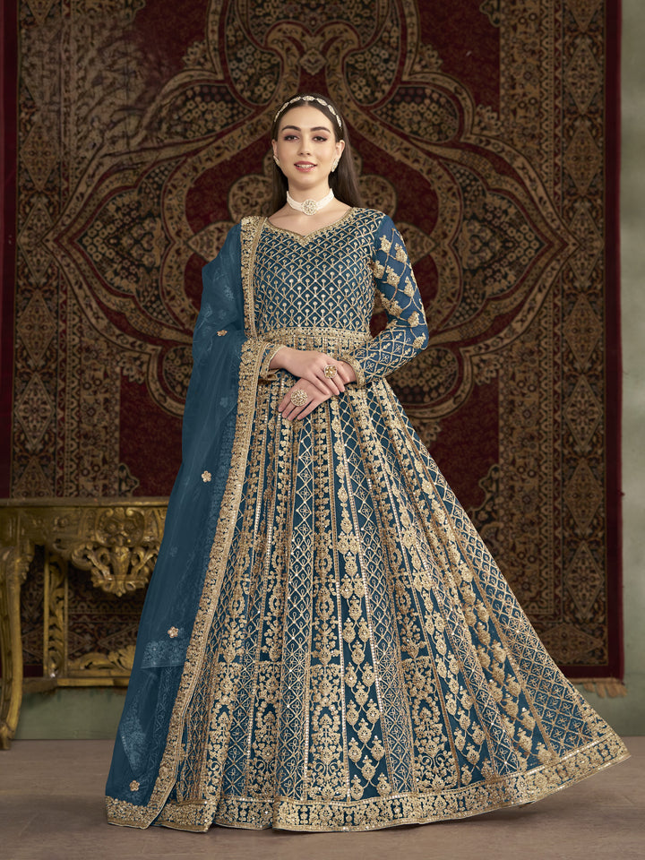 Sky Blue Color Net Santool With Embroidery And Sequins Work Anarkali Dress