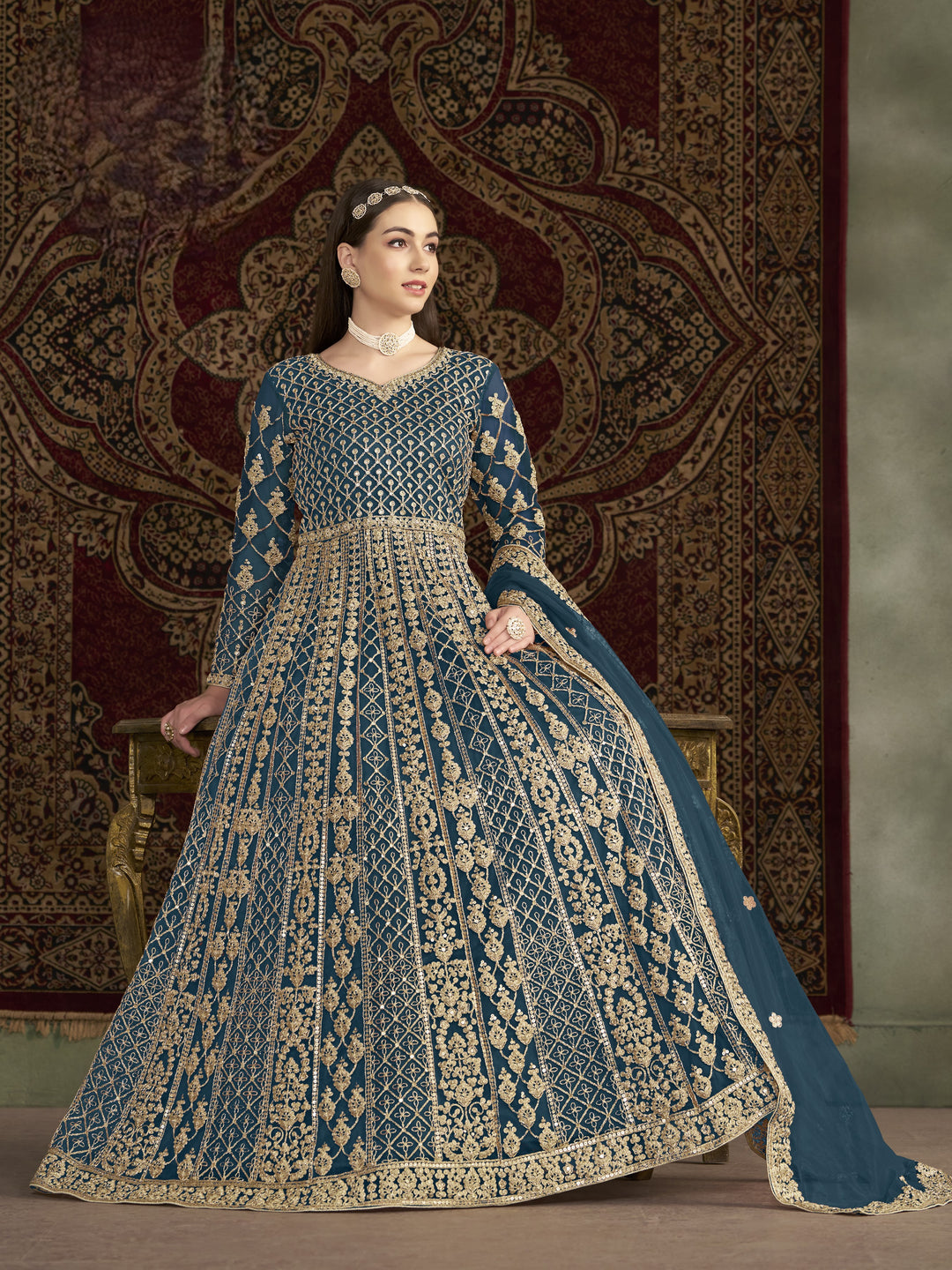Sky Blue Color Net Santool With Embroidery And Sequins Work Anarkali Dress