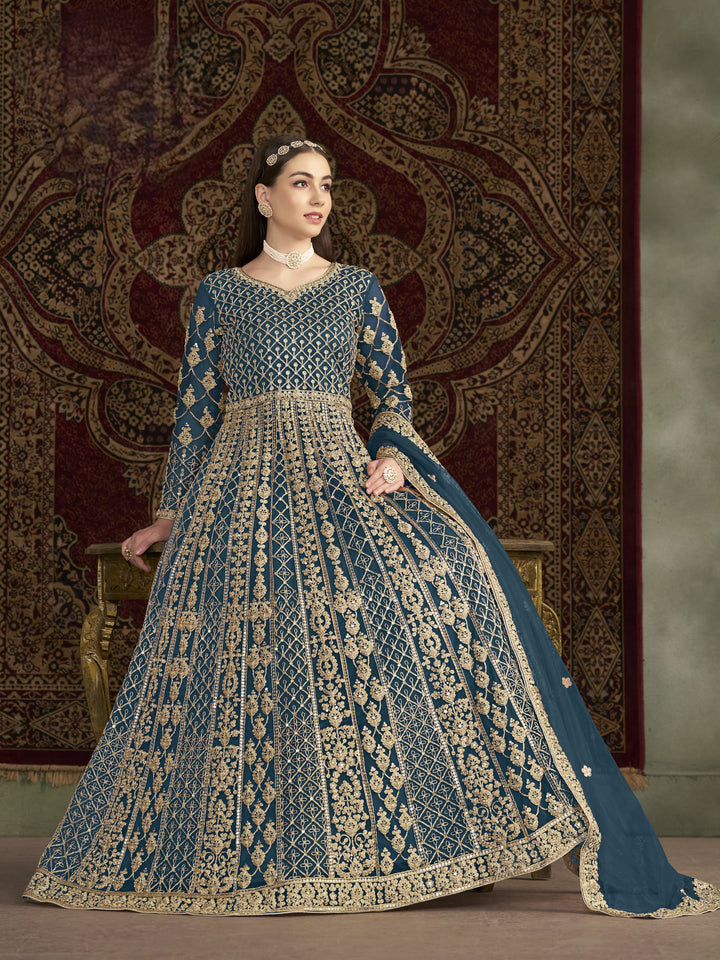 Sky Blue Color Net Santool With Embroidery And Sequins Work Anarkali Dress