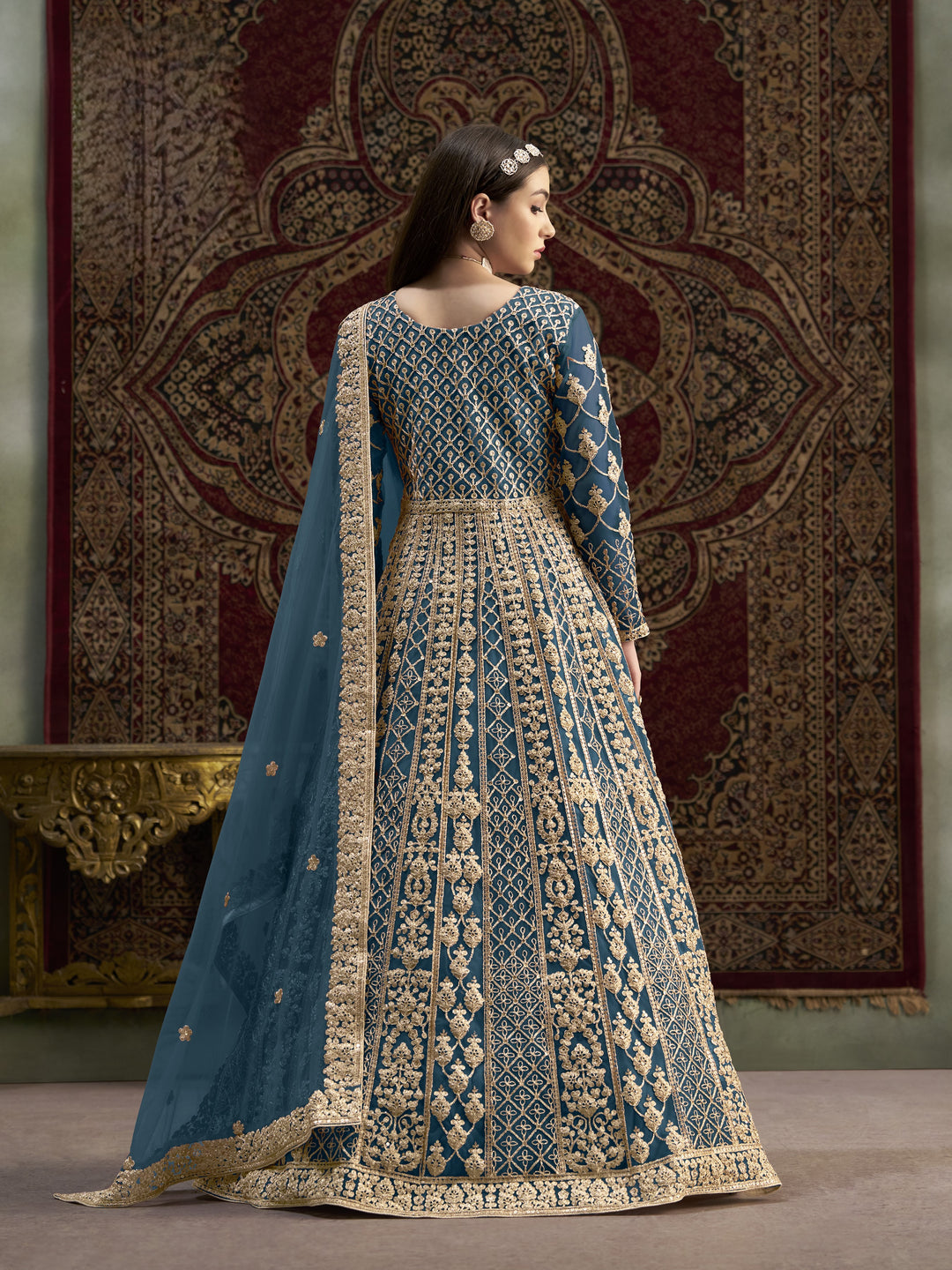 Sky Blue Color Net Santool With Embroidery And Sequins Work Anarkali Dress
