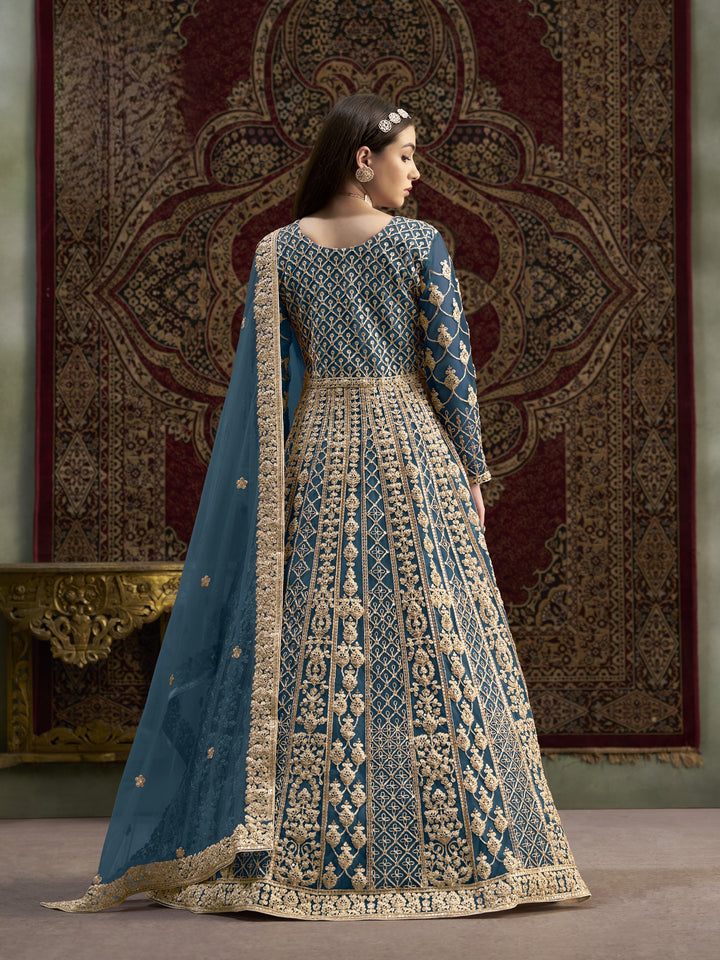 Sky Blue Color Net Santool With Embroidery And Sequins Work Anarkali Dress