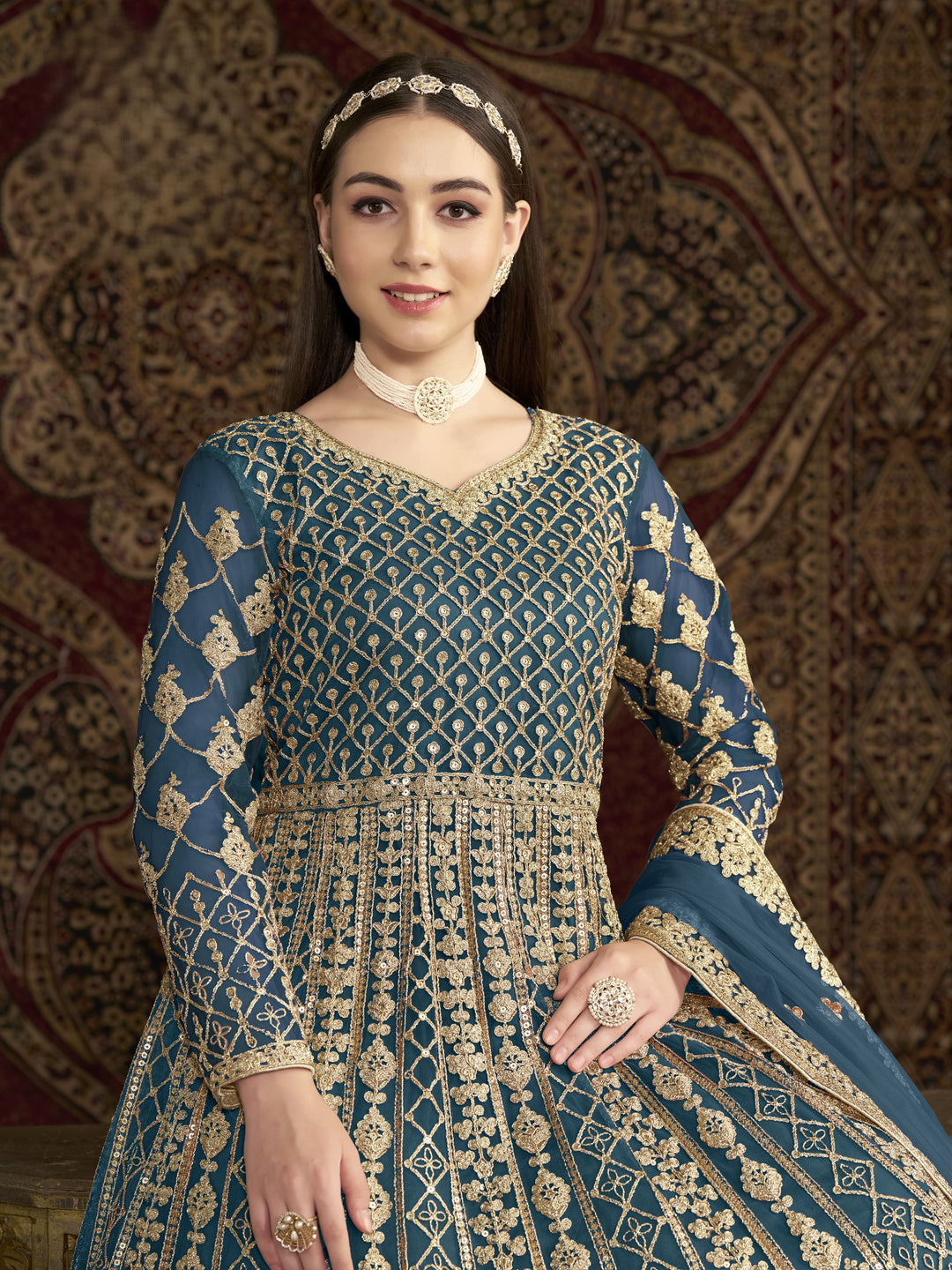 Sky Blue Color Net Santool With Embroidery And Sequins Work Anarkali Dress