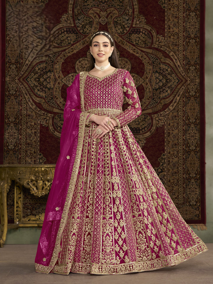Pink Color Net Santool With Embroidery And Sequins Work Anarkali Dress