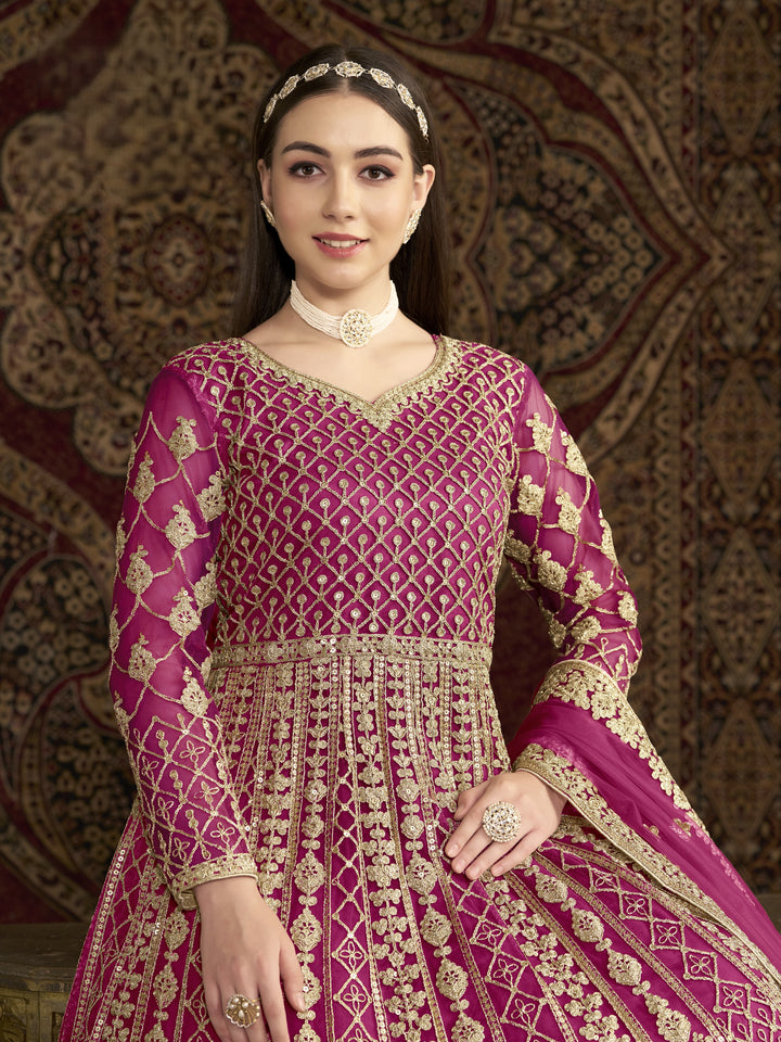 Pink Color Net Santool With Embroidery And Sequins Work Anarkali Dress