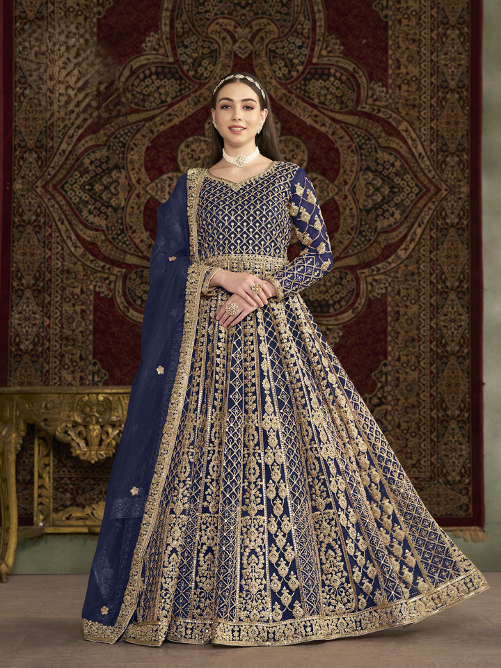 Blue Color Net Santool With Embroidery And Sequins Work Anarkali Dress