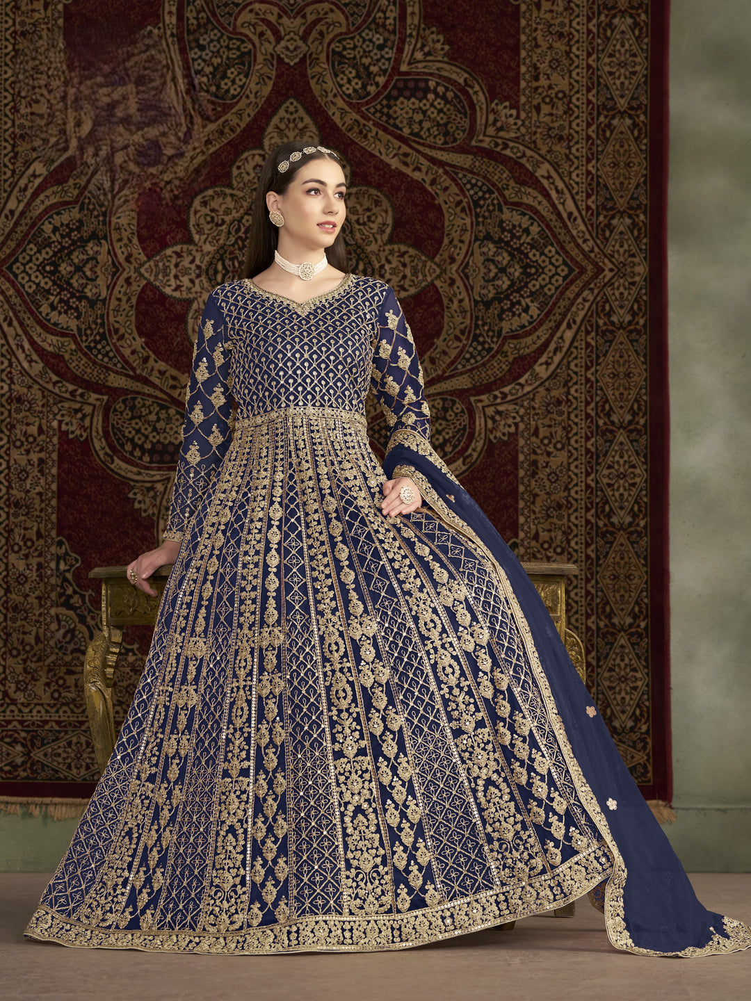 Blue Color Net Santool With Embroidery And Sequins Work Anarkali Dress