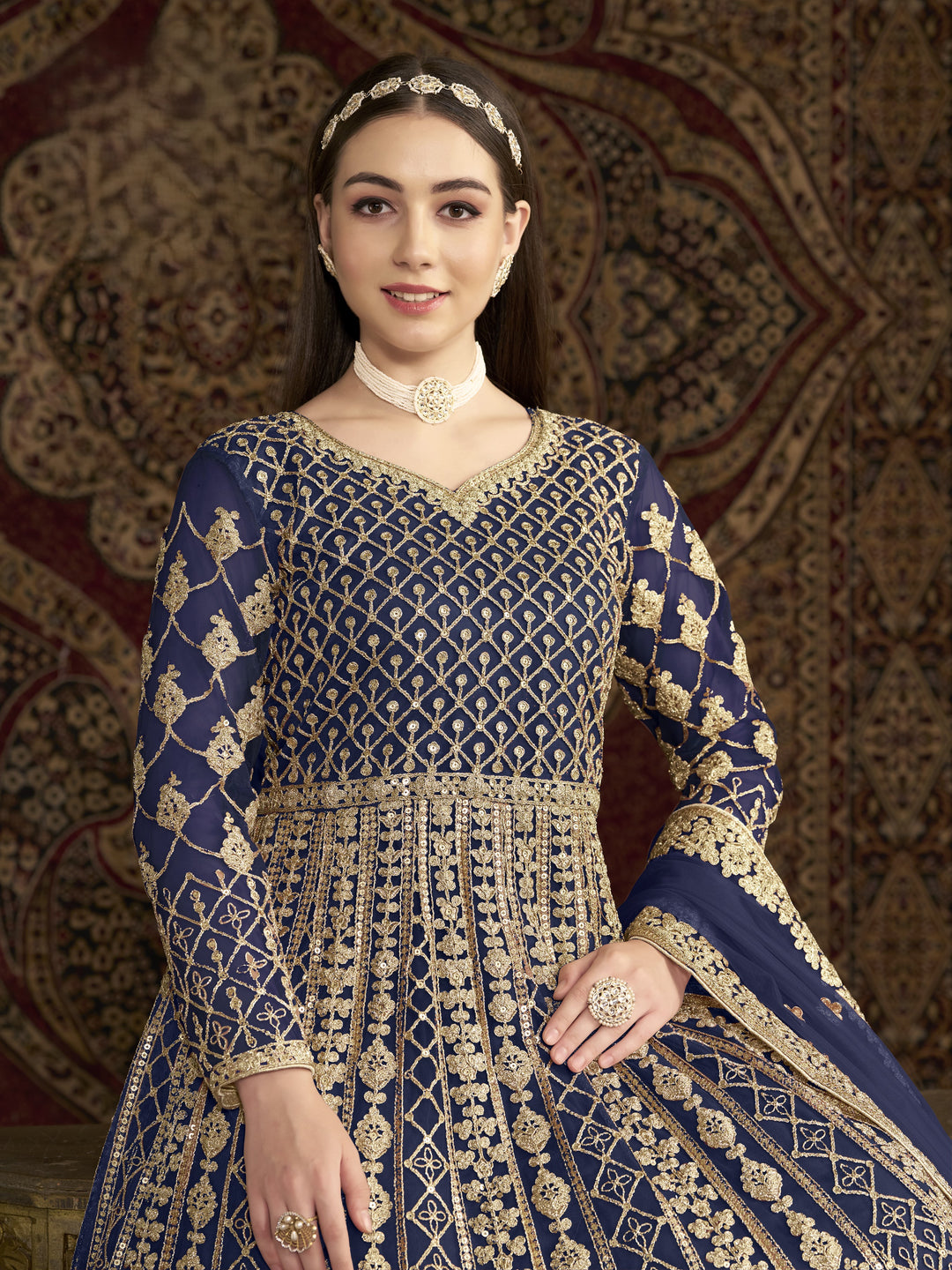 Blue Color Net Santool With Embroidery And Sequins Work Anarkali Dress