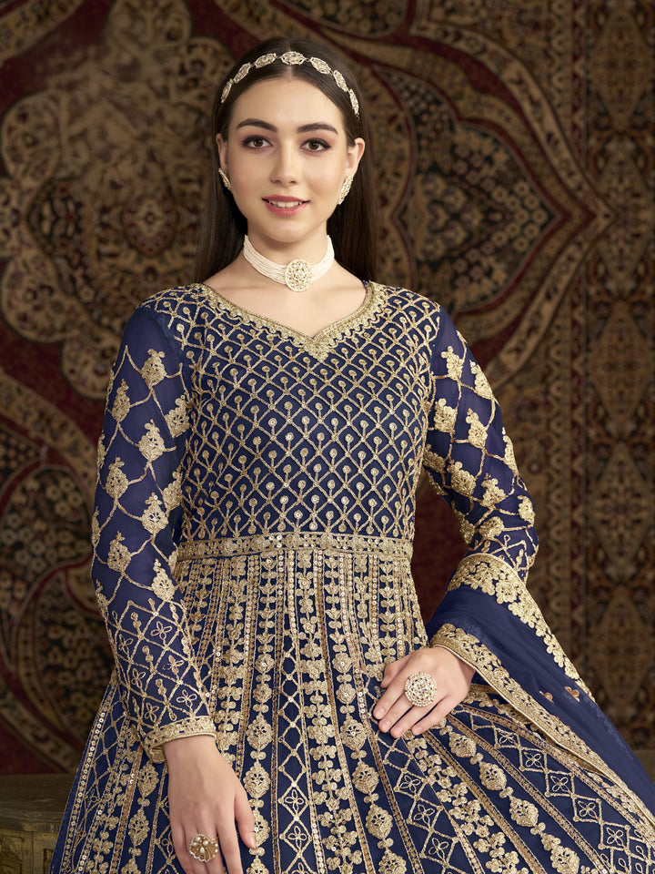 Blue Color Net Santool With Embroidery And Sequins Work Anarkali Dress