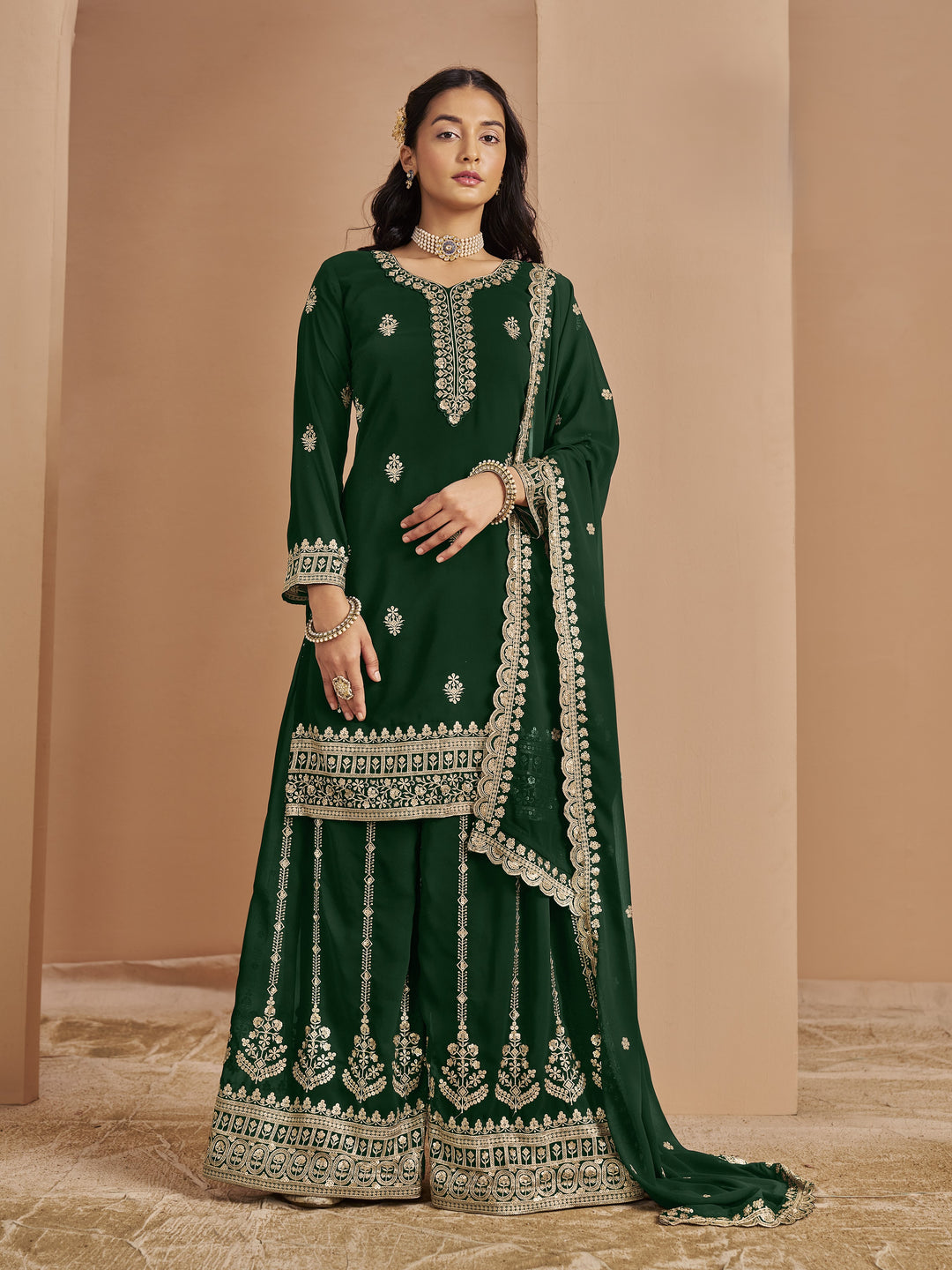 Green Color Faux Georgette With Embroidery And Sequins Work Top And Plazo