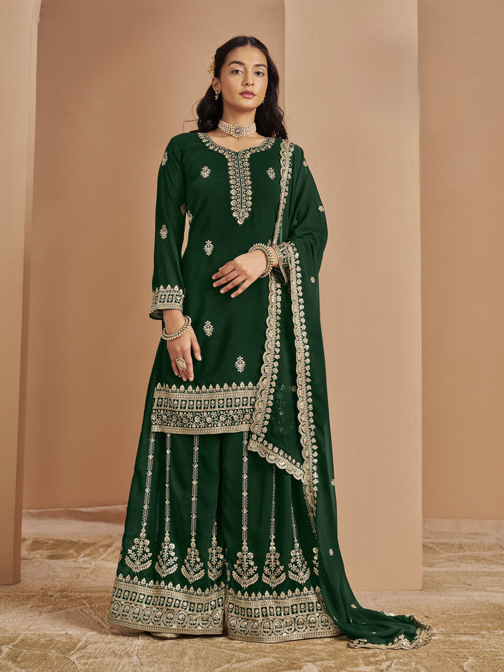 Green Color Faux Georgette With Embroidery And Sequins Work Top And Plazo