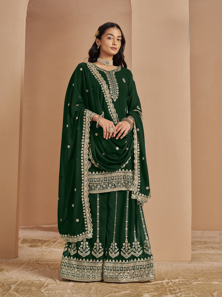Green Color Faux Georgette With Embroidery And Sequins Work Top And Plazo
