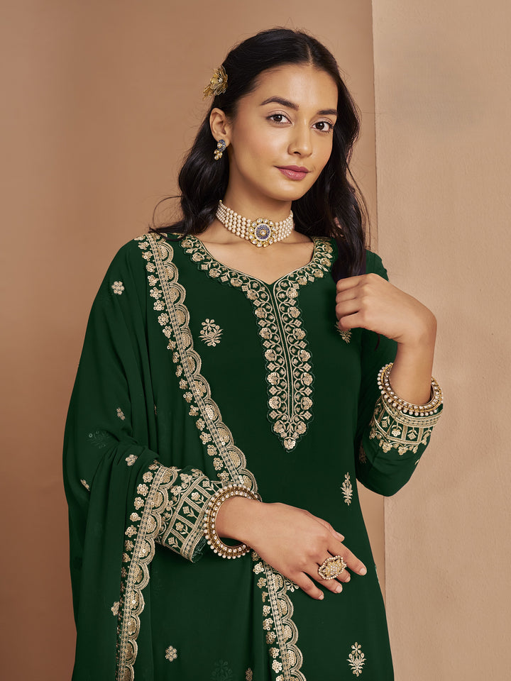 Green Color Faux Georgette With Embroidery And Sequins Work Top And Plazo