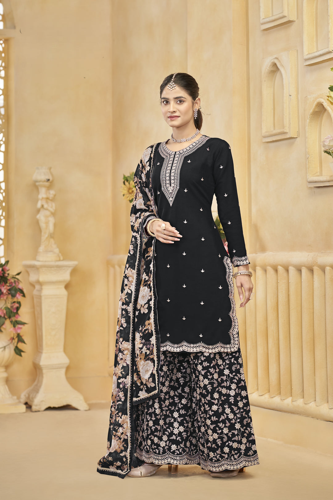 Black Color Roman Silk With Embroidery Work Top Plazzo And Dupatta