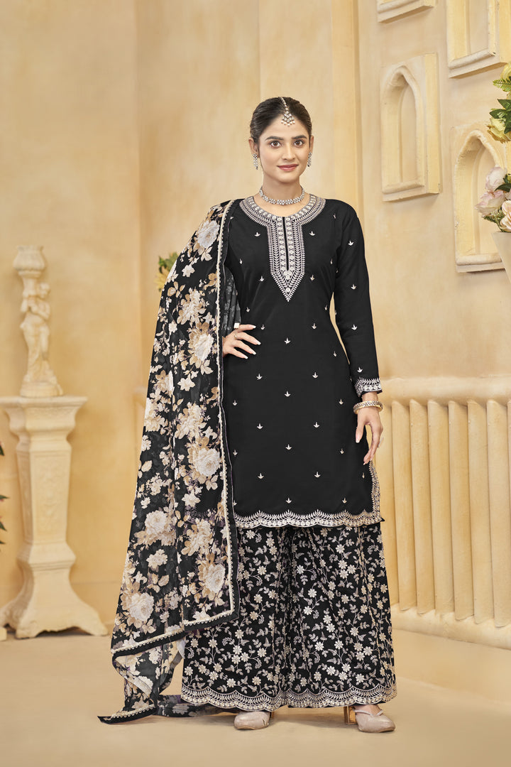 Black Color Roman Silk With Embroidery Work Top Plazzo And Dupatta