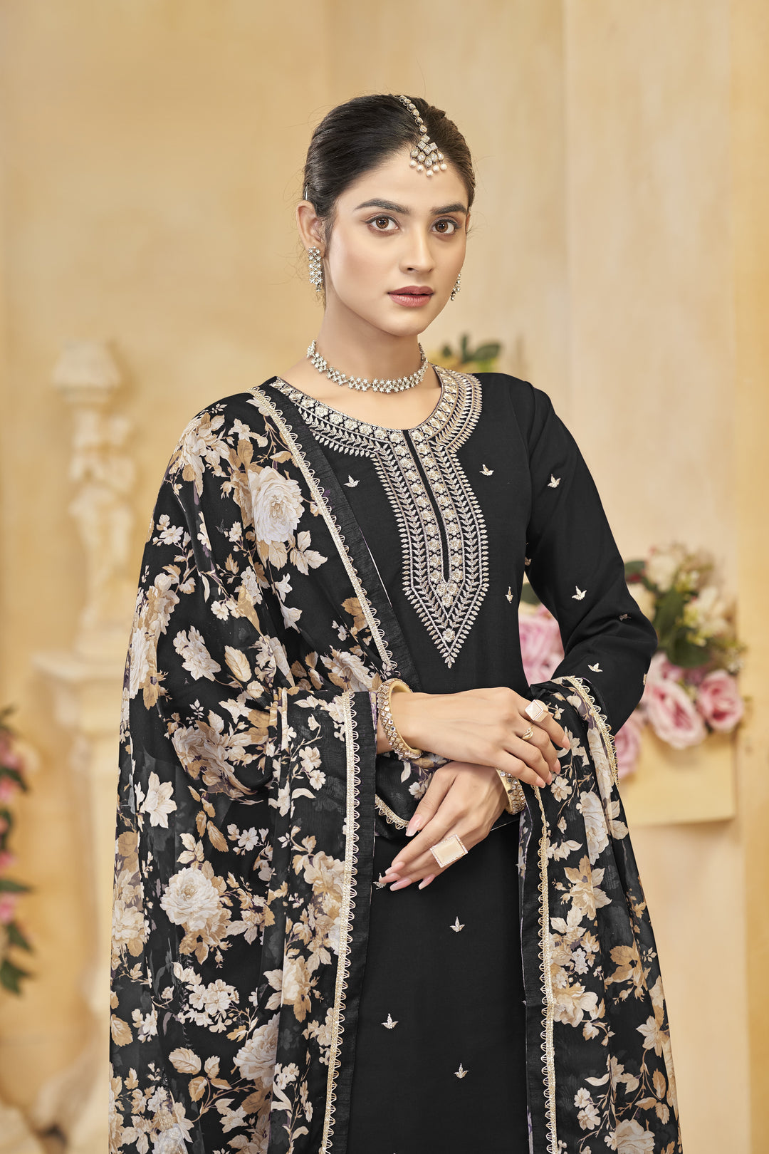 Black Color Roman Silk With Embroidery Work Top Plazzo And Dupatta