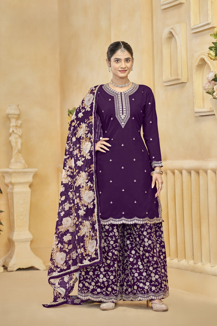 Purple Color Roman Silk With Embroidery Work Top Plazzo And Dupatta