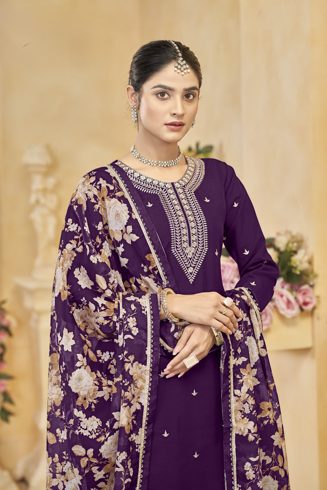Purple Color Roman Silk With Embroidery Work Top Plazzo And Dupatta