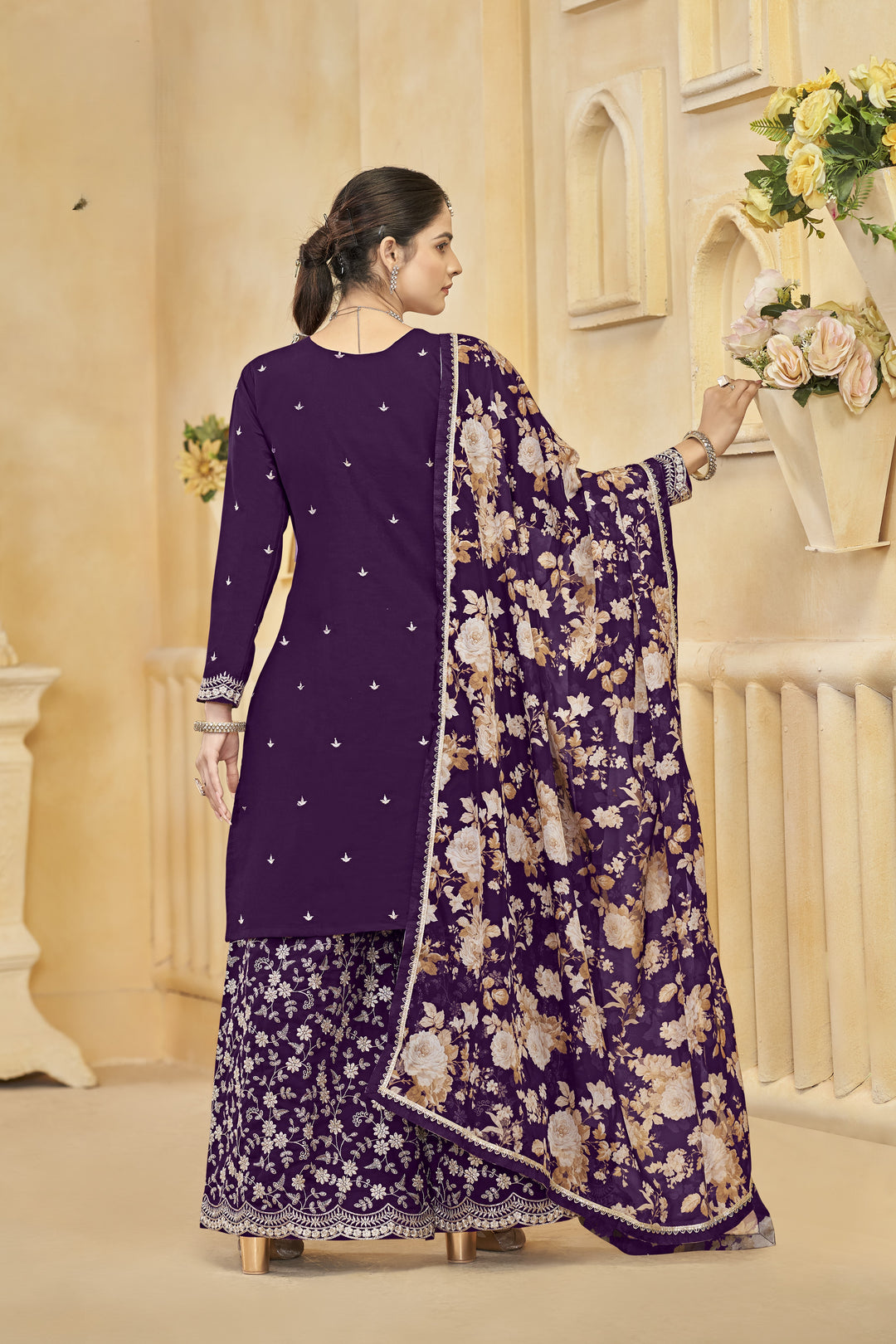 Purple Color Roman Silk With Embroidery Work Top Plazzo And Dupatta