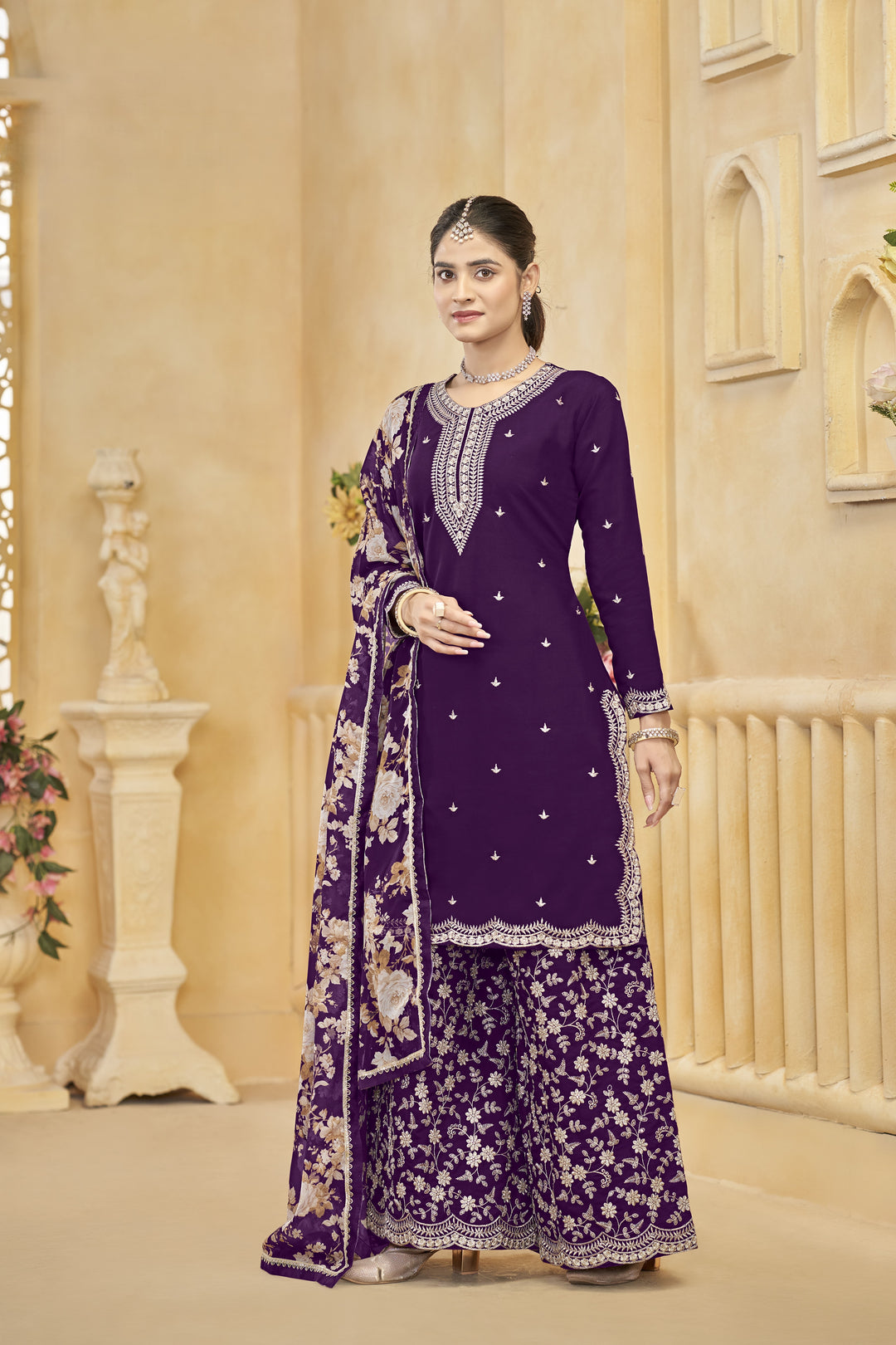 Purple Color Roman Silk With Embroidery Work Top Plazzo And Dupatta