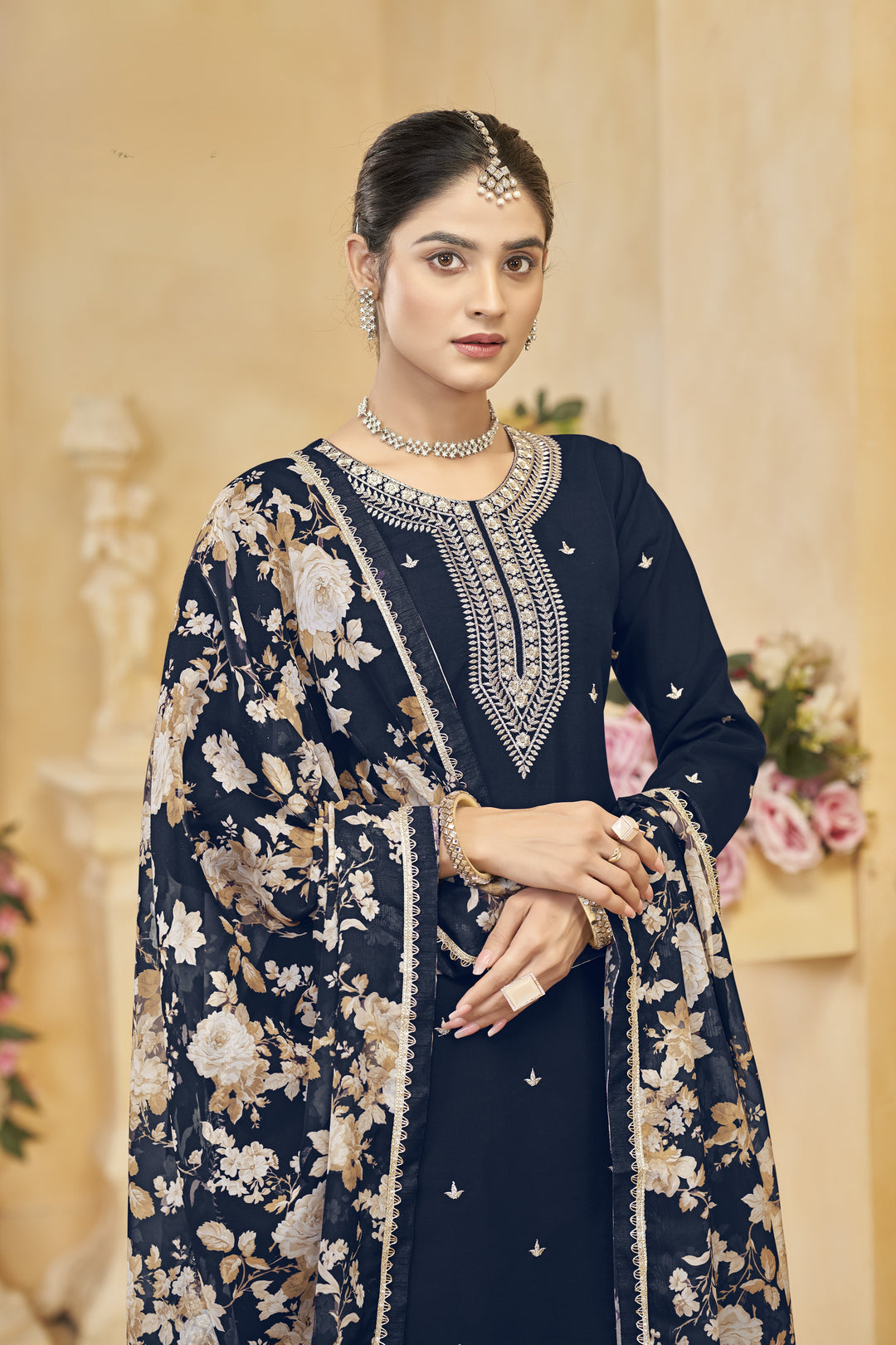 Navy Blue Color Roman Silk With Embroidery Work Top Plazzo And Dupatta