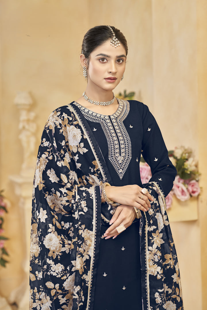 Navy Blue Color Roman Silk With Embroidery Work Top Plazzo And Dupatta