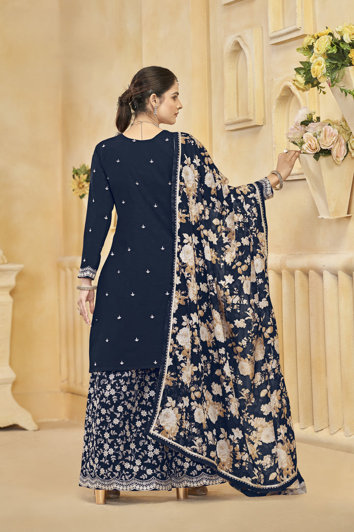 Navy Blue Color Roman Silk With Embroidery Work Top Plazzo And Dupatta